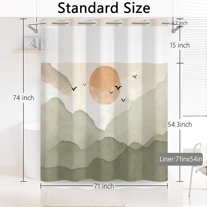 No Hook Boho Shower Curtain with Snap in Fabric Liner, Green Hills with Sunset and Birds, Zen Mid-Century Waterproof Bath Curtain Decor with Mesh Top Window 71x74 Inch