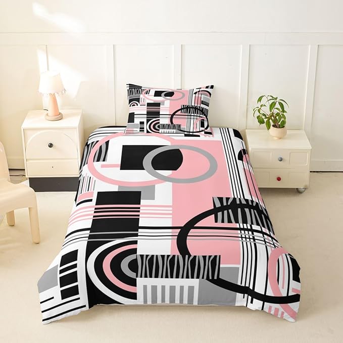 Erosebridal Art Deco Mid Century Duvet Cover Set Retro Modern Abstract Geometric Girl Toddler Bedding Set for Child Boys Black and White Pink Circles Stripes Comforter Cover Contemporary Bed Sets