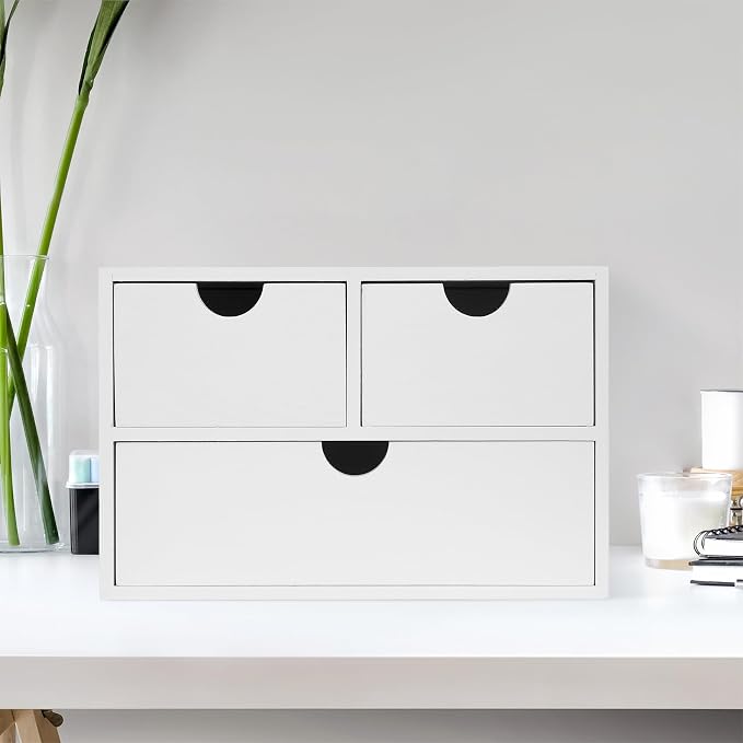 Rustic Distressed white 3-Tier Wood Desk Organizer with 3 Drawers Mini Storage Shelf For Desk, Toiletries Vanity Office Supplies (white)