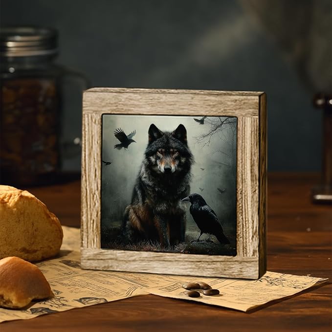 Gothic Wolf and Raven Wooden Desktop Sign, Dark Academia Forest Wildlife Wood Plaque Tabletop Decor, Mystical Animal Wooden Sign for Bedroom Living Room Office Shelf