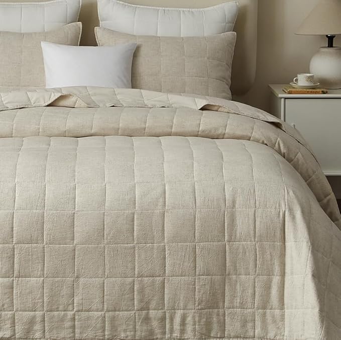 Powdion French Linen Quilt Queen, 100% Linen Front / 100% Cotton Back Pre-Washed Vintage Bedding for All Season, Oversized European 3 Pieces Stitch Bedspread
