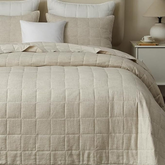 Powdion French Linen Quilt Queen, 100% Linen Front / 100% Cotton Back Pre-Washed Vintage Bedding for All Season, Oversized European 3 Pieces Stitch Bedspread