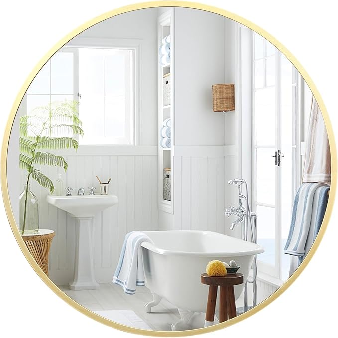 18 Inch Round Mirror, Gold Circle Mirror for Bathroom, HD Eco-Friendly Round Bathroom Mirror for Over Sink, Small Matte Gold Metal Framed Wall Mirror for Wall, Vanity, Entryway, Easy to Install