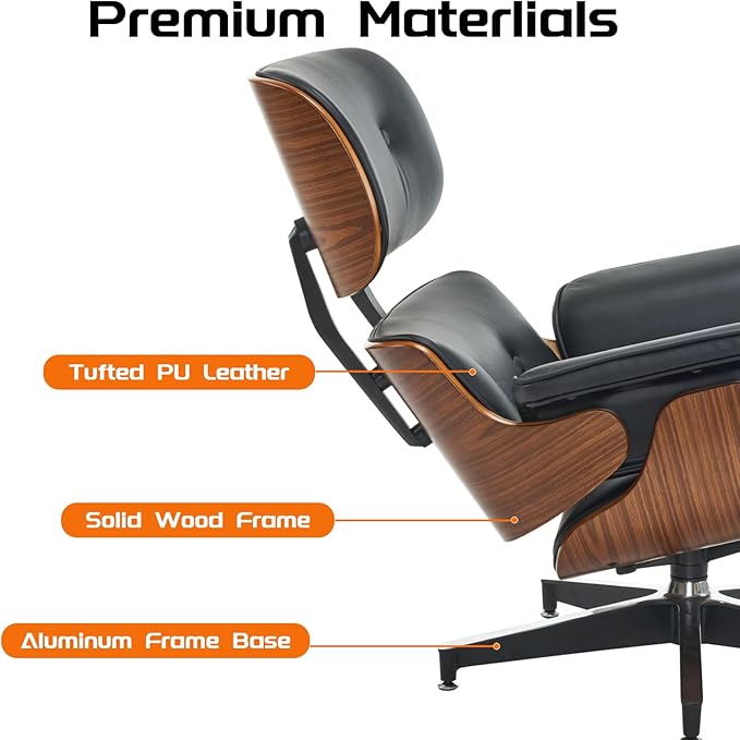 Mid-Century Modern Lounge Chair and Ottoman Set, PU Leather Accent Chair with Wood Finish, Modern Chair Classic Design Recline Swivel Reading Chair Heavy Duty Base Support for Living Room, Office
