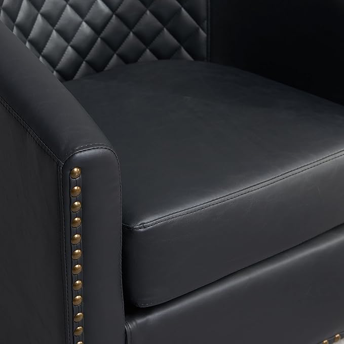 KINWELL 29" Wide Tufted Faux Leather Swivel Barrel Chair Set of 2, PU Leather Modern Upholstered Accent Chairs with Nailhead Trim, Small Armchair for Living Room Bedroom, Black