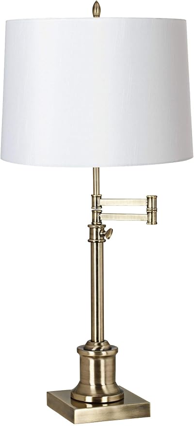 360 Lighting Westbury Traditional Swing Arm Desk Table Lamp Adjustable Height 36" Tall Antique Brass White Hardback Drum Shade for Living Room Bedroom House Bedside Nightstand Home Office