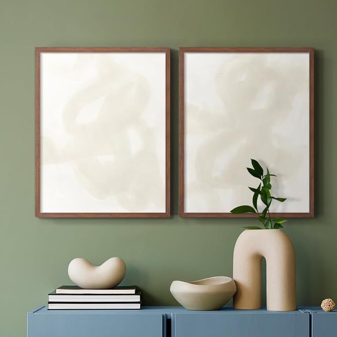 Renditions Gallery Set of 2 Peel & Stick Framed Prints, Abstract Wall Art, Beige and White Aesthetic Wall Decor, Re-Stickable - Ready to Hang - 22"x28" - Walnut Frame LT588