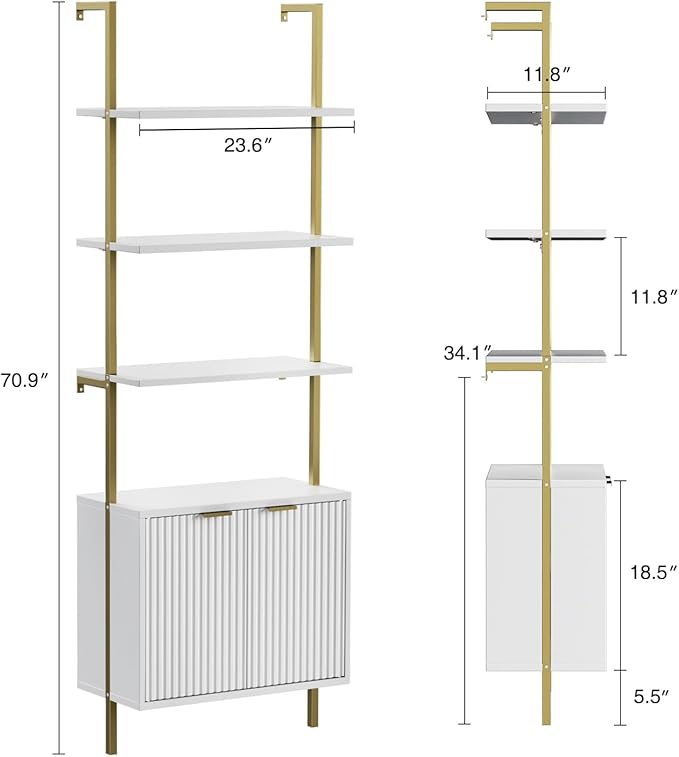 Set of 2 Ladder Bookshelf with Cabinet, 71" Tall Bookcase with Shelves & Storage, Fluted Ladder Shelf with Metal Frame, 6-Tier Display Rack for Living/Bedroom, Home & Office, White & Gold