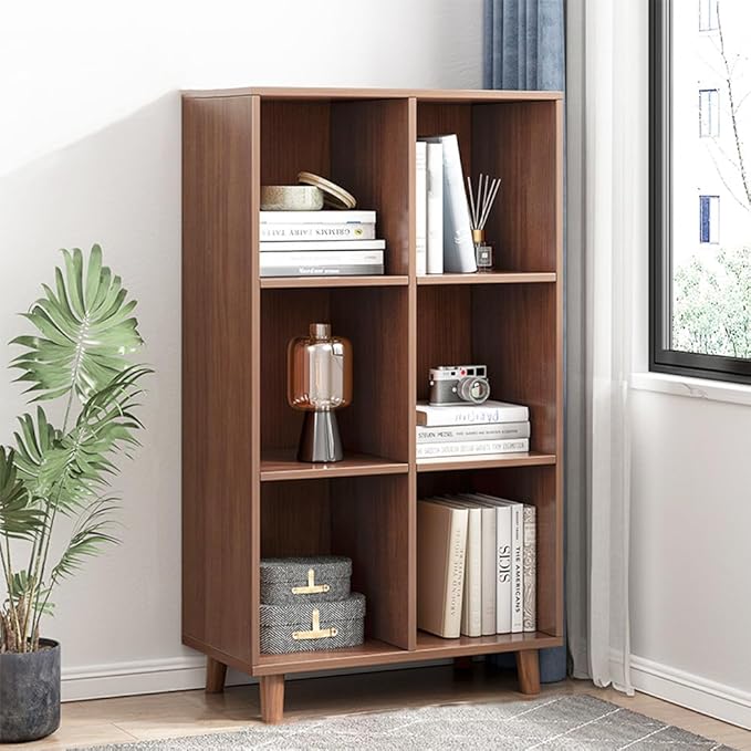 IOTXY Open Cube Low Bookcase - 3-Tier Freestanding Storage Display Cabinet Organizer with Legs for Home Office, 6-Cubes Open Shelf Short Bookshelf, Walnut