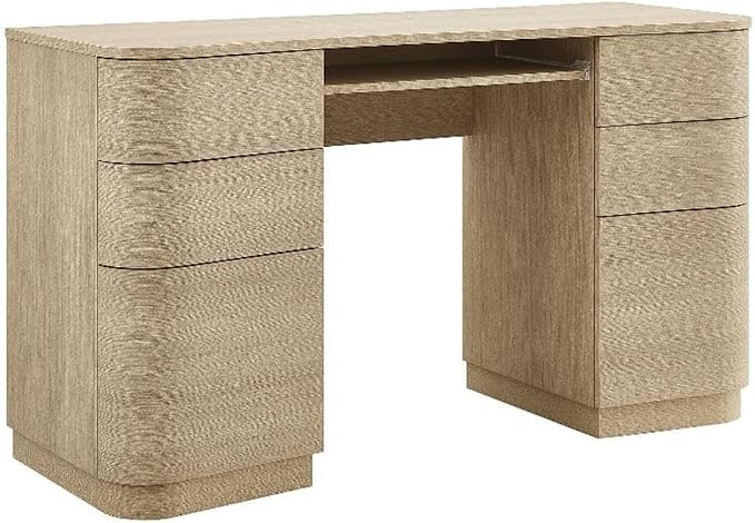 Modway Mirae 55 Inch Computer Desk with Drawers in Brushed Light Oak – Modern Compact Office Desk with Keyboard Tray, Curved Edges, and 6 Storage Drawers for Bedroom, Dorm Room, or Vanity Setup