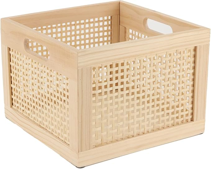 YAHUAN Bamboo Wooden Storage Box Cube Storage Organizer Bins Decorative Wood Square Basket Wood Crates Wicker Storage Cubes Basket Organizer for Home,Office,Closet,Shelf (cube bamboo)