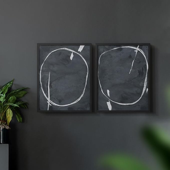 Renditions Gallery Set of 2 Peel & Stick Framed Prints, Abstract Wall Art, Circular Momentum Design Wall Decor, Re-Stickable - Ready to Hang - 8"x10" - Black Frame LT588