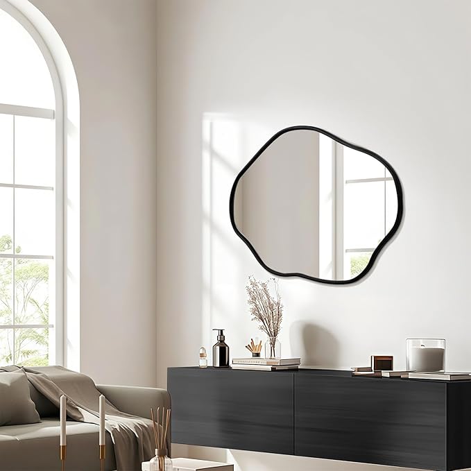 ULIKE Irregular Wall Mirror, 24x36 Inch Black Asymmetrical Mirror with Solid Wood Frame, Abstract Organic Shape Vanity Mirrors for Bathroom Bedroom Living Room Entryway