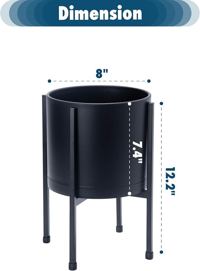 D'vine Dev 8 Inch Black Planter Pot with Stand – Modern Plastic Cylinder Flower Pot with Heavy-Duty Metal Stand for Indoor Plants, 55-D-B-1