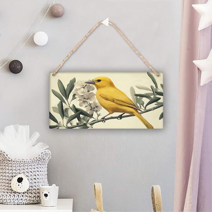 Artistic Retro Yellow Bird on Floral branches Wooden Wall Art, Botanical Home Decors for Vintage Lovers, 12x6 Inch Wood Sign to Add Charm to Your Study