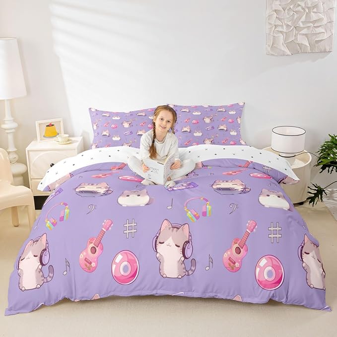 Erosebridal Cute Cat Duvet Cover Twin Purple Kitten Bedding Set Guitar Musical Notes Comforter Cover for Kids Girls Boys Adults Cartoon Pet Animals Bed Set