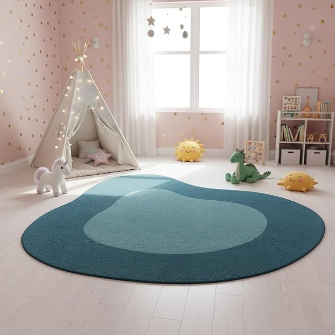 Minimalist Irregular Area Rug 4ft Modern Abstract Shaped Rug for Living Room Bedroom Diningroom Non Slip Washable Carpet Boho Art Home Office Guestroom Easy Clean Stain Resistant Floor Mat Teal Blue
