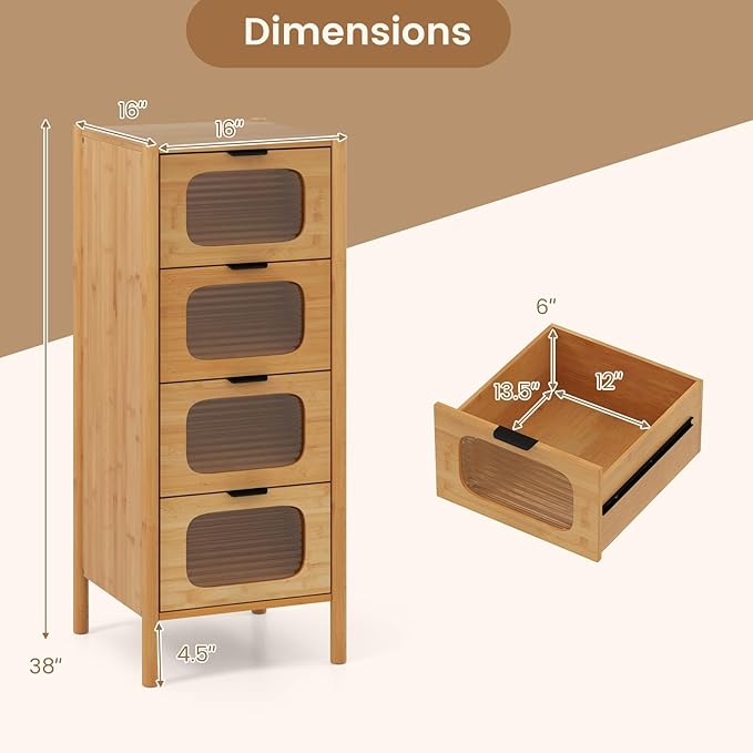Giantex 4 Drawer Storage Cabinet, Bamboo Storage Organizer with Fluted Tempered Glass Drawers, Mid Century Modern Floor Cabinet for Living Room, Bathroom, Study, Entryway, Natural