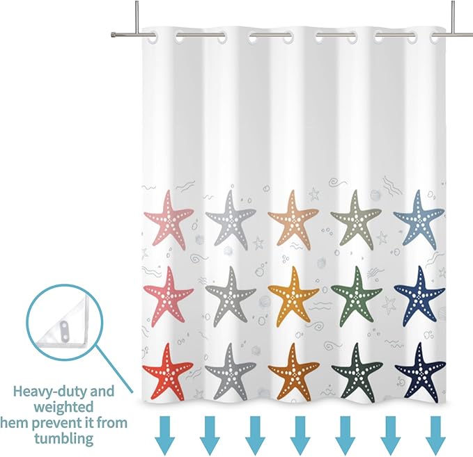 No Hook Shower Curtain with Snap in Liner Set Coastal Starfish Theme Shower Curtain for Bathroom Hotel Style Decor Waterproof and Washable Polyester Fabric Bath Curtains Shower 71Wx74H