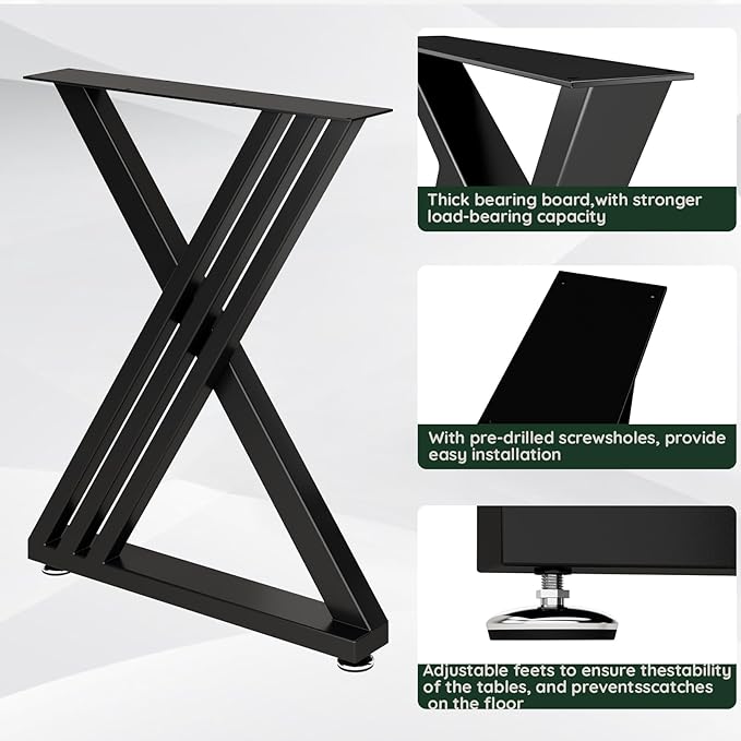 Metal Table Legs 28" H x 24" W Furniture Desk Bench Dining Table Legs Z Shape Heavy Duty Legs with Adjustable Feet Set of 2 Black