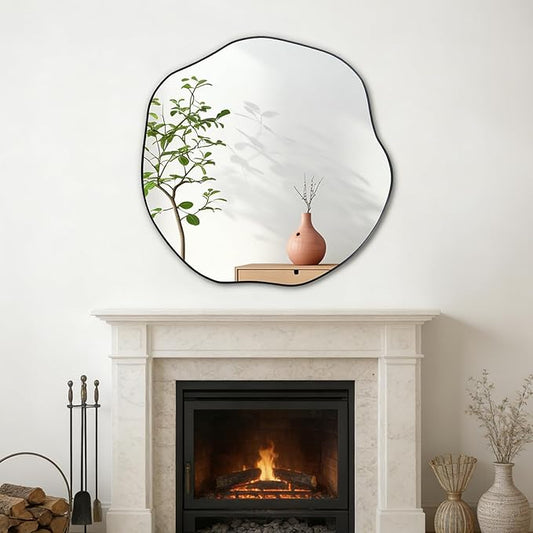 POZINO Scalloped Irregular Mirror, 30" Asymmetrical Decorative Accent Mirror for Wall, Black Wavy Rounded Frameless Mirrors for Entryway Fireplace Living Room Bedroom, Horizontal or Vertical Hanging