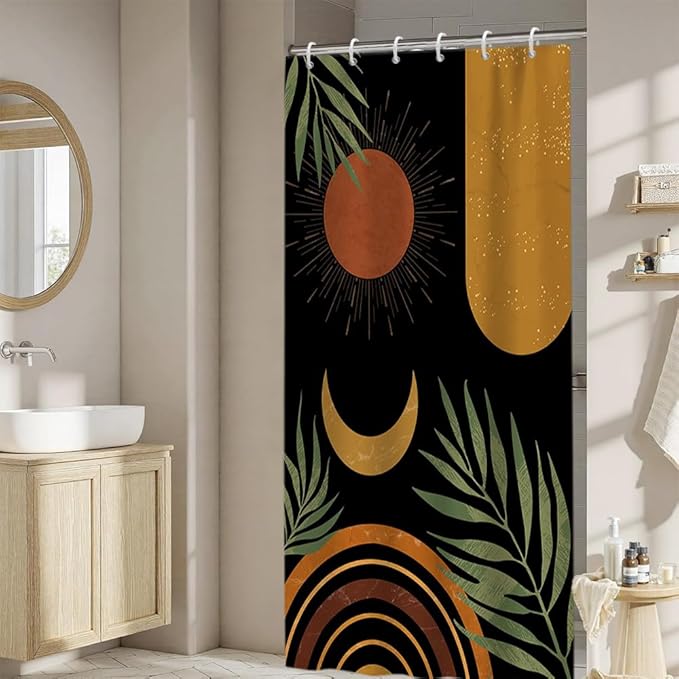 Black Mid Century Boho Shower Curtain for Bathroom Green Leaves Arch Sun Moon Shower Curtains Bohemian Abstract Bathroom Decor Set Washable Waterproof Polyester Fabric with Hooks 48x72 Inch