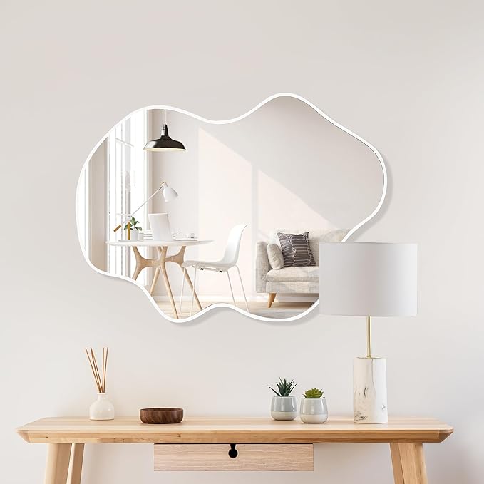 Tanmicoshomy White Irregular Wall Mirror 24x36 Inch, Cloud Shaped Frame Asymmetrical Wavy Mirror with Tempered Glass for Bathroom Bedroom Living Room or Entryway