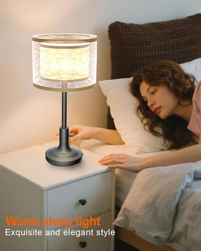 Lightdot Mid Century Table Lamp for Bedroom, Vintage Black Dimmable Table Lamp with 2-Layer Lampshade, Farmhouse Bedside Lamp Nightstand Light for Living Room(Bulbs Included)