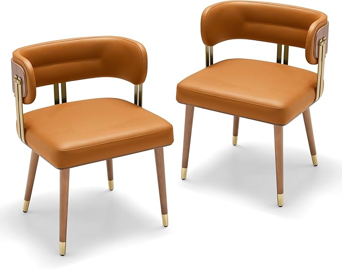 Modern Upholstered Leather Dining Chairs Set Of 2 with High-Resilience Foam Cushion, Walnut Wood Veneer&Gold Metal Legs, 22Lx20.5Wx28.3Hin Anti-Slip Kitchen Chairs for Dining Room,CinnamonOrange