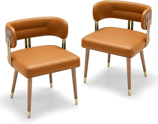 Modern Upholstered Leather Dining Chairs Set Of 2 with High-Resilience Foam Cushion, Walnut Wood Veneer&Gold Metal Legs, 22Lx20.5Wx28.3Hin Anti-Slip Kitchen Chairs for Dining Room,CinnamonOrange