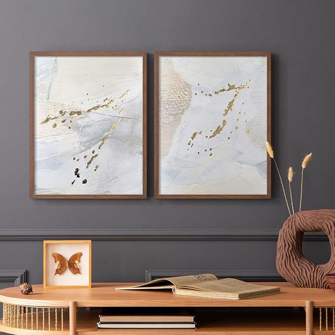 Renditions Gallery Set of 2 Peel & Stick Framed Prints, Modern Abstract Wall Art, Gold Sprinkle Oil Painting Wall Decor, Re-Stickable - Ready to Hang - 11"x14" - Walnut Frame LT588