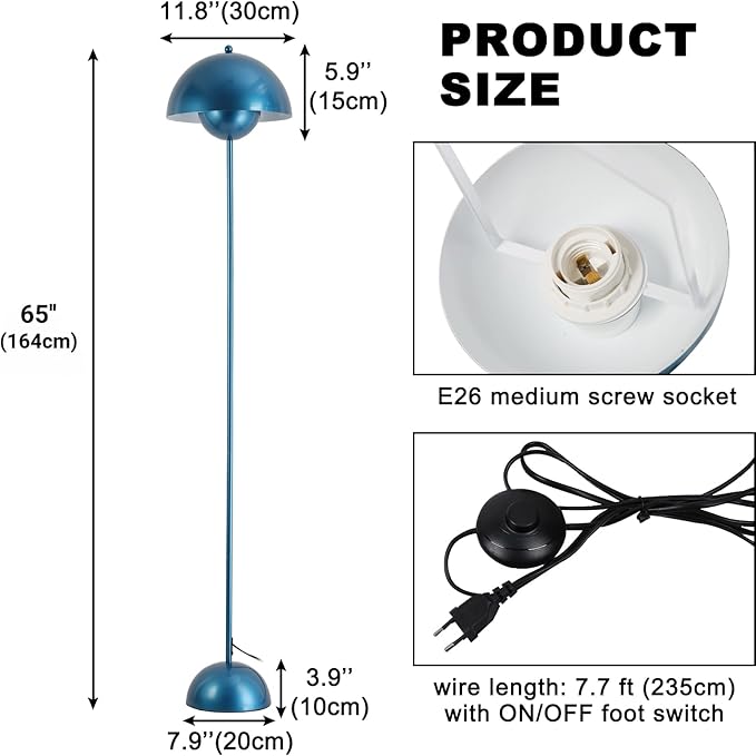 COSYLUX Modern Floor Lamp for Living Room, Industrial Tall Standing Lamp for Bedroom, Metal Shade Reflecting Light Reading Floor Lamp for Office, Nursery Room, Corner(Pearl Gentian Blue)