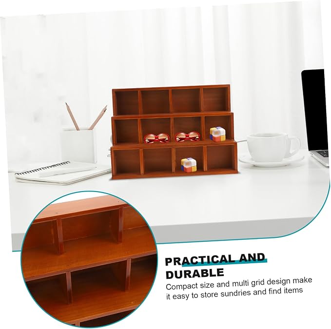 Cabilock Creative Vintage Wooden Desktop Organizer Rack with Multi Storage Stylish Wall Hanging Display Case for Home and Office Elegant Trapezoidal Design with Compartments