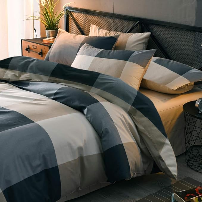 mixinni Twin XL Size Checkered Duvet Cover Set - 3 Piece Grey Geometric Cotton Bedding Set with Zipper Closure & Corner Ties, 100% Washed Cotton Soft Breathable Duvet Cover for Men, Teens (Twin XL)
