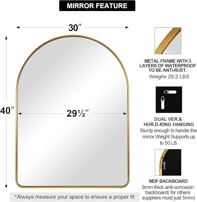 ANDY STAR 30x40’’ Arched Gold Mirrors for Wall, Brushed Brass Arched Bathroom Mirror Rounded Corner, Gold Arched Vanity Mirror,SUS304-Anti-Rust, Tube Frame, Wall-Mounted Vertical 1’’ Deep