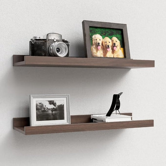 Floating Shelves Set of 2, Farmhouse Wall Shelves with Lip, Display Picture Ledge Shelf for Bedroom, Living Room, Bathroom, Kitchen - Walnut