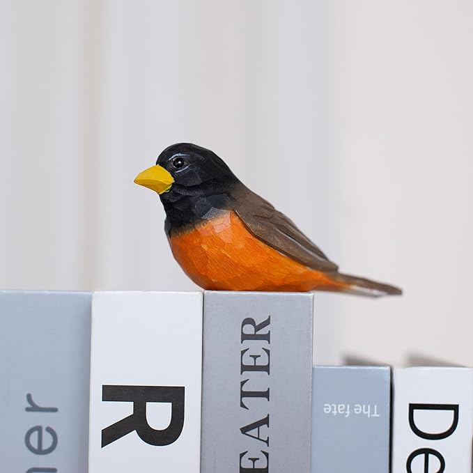 Handmade Wooden Robin Bird Figurine – Songbird Home Decor, Cute Red-Breasted Robin Knick-Knack for Bird Lovers, Unique Gift for Women, Mom, Friends – Rustic Nature Home Ornament