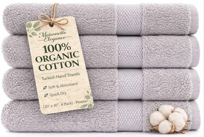 Maisonette Elegance 100% Organic Cotton Turkish Hand Towels - Soft, Absorbent Washcloths for Face - Ideal Quick Dry Large Towel Wash Cloth Set for Bathroom - (20" x 30", 4 Pack) - Pewter