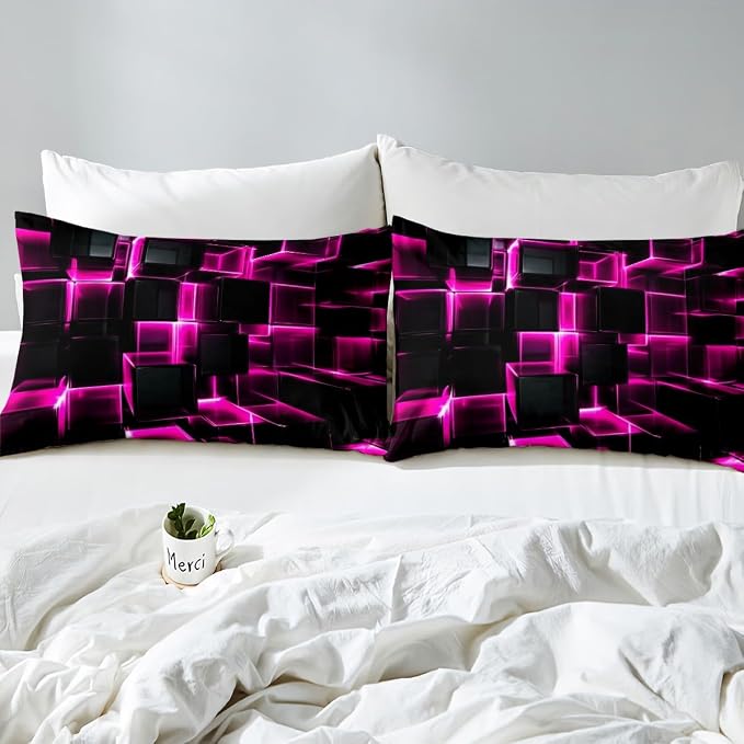 Erosebridal Honeycomb Square Duvet Cover for Kids Girls 3D Geometric Square Bedding King, Pink Black Neon Lights Bedding Sets, Gradient Print Bed Cover with 2 Pillow Cases
