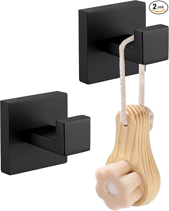 LANC 2PCS Towel Hooks for Bathroom Wall Hooks,Matte Black Robe Hooks Square Coat Hooks, Heavy Duty Stainless Steel Hand Towel Hanger for Bathroom,Kitchen,Bedroom,Hotel, Wall Mount A8805MB-P2