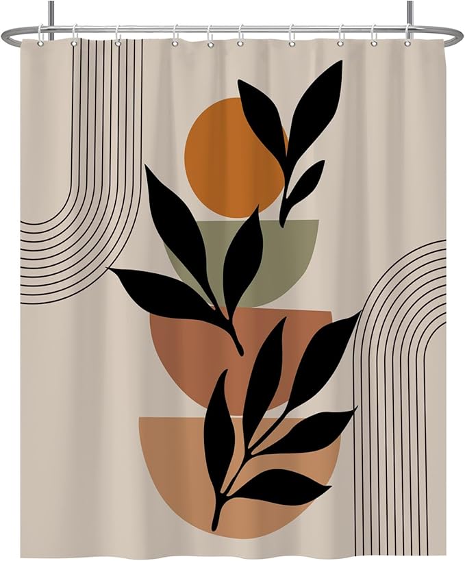 Baocicoo Boho Mid Century Shower Curtain Set Modern Minimalistic Leaves Shower Curtain for Bathroom Dormitory Bathtub Decor Durable Fabric Waterproof Curtain for Bathroom with Hooks 60x72 Inches