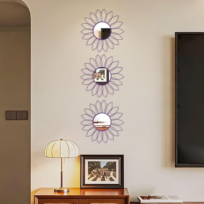 3 Pack Metal Mirrors for Wall Sunburst Wall Mirrors Home Décor Decorative Hanging Wall Art for Living Room Bedroom Entryway (Purple, Flowers)
