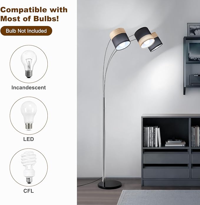 Floor Lamps for Living Room, Brushed Nickel Arc Floor Lamp, 3 Light Tall Floor Lights Living Room, 71" Mid Century Tree Floor Lamp for Bedroom, Office(Bulb not Included)