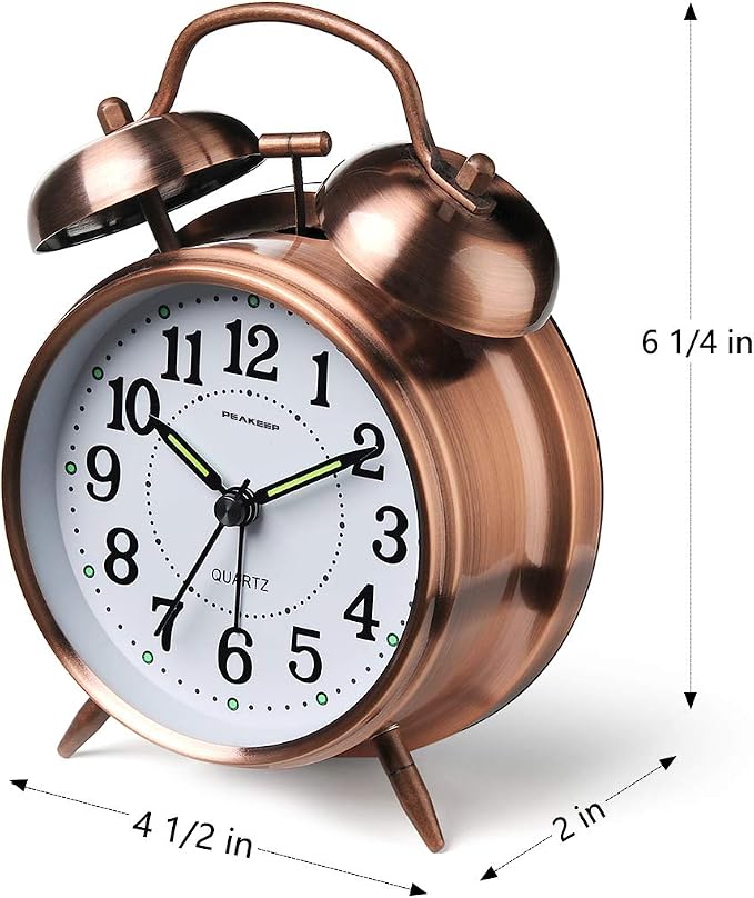 Peakeep Loud Analog Alarm Clock for Heavy Sleepers, Vintage 4-Inch Twin Bell Old School Fashioned Alarm Clock with Battery Operated for Bedrooms
