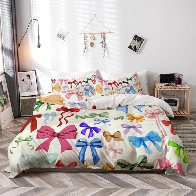 Colorful Bow Duvet Cover Twin Size Watercolor Bows Printed Coquette Bedding Set 3Pcs Kids Girls Cute Comforter Cover with Zipper Closure Soft Breathable Microfiber Queen Size 88"x88"