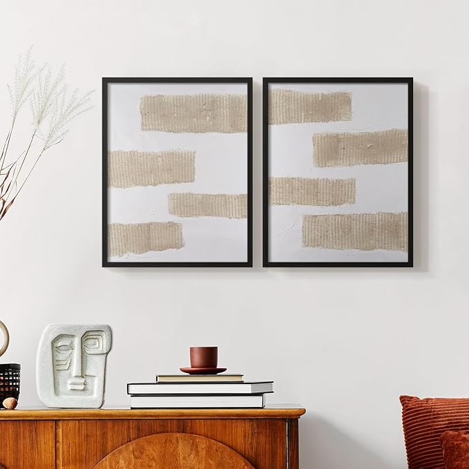 Renditions Gallery Set of 2 Peel & Stick Framed Prints, Modern Abstract Wall Art, Textured Brush Strokes Wall Decor, Re-Stickable - Ready to Hang - 8"x10" - Black Frame LT588