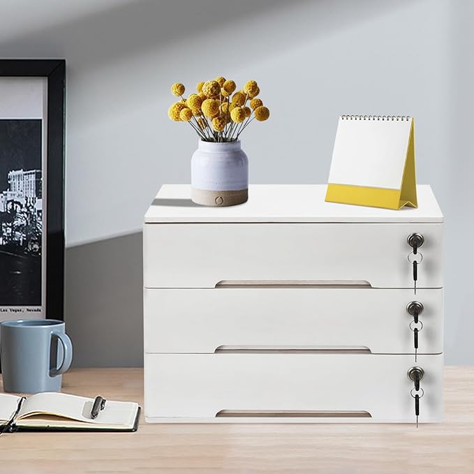 Desktop File Organizer with Lock, 2/3/4 Tier Multi-Drawer Wooden Storage Cabinet, Office Supply Organizer for Home Desk, Study & Workplace (White, 3 Layers)