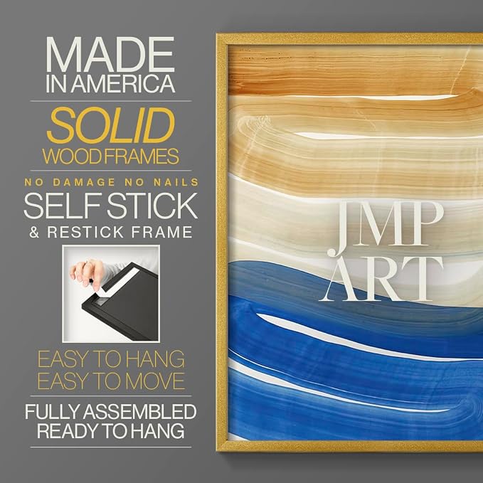 Renditions Gallery Set of 2 Peel & Stick Framed Prints, Abstract Wall Art, Blue and Gold Wave Textured Background Wall Decor, Re-Stickable - Ready to Hang - 22"x28" - GOLD Frame LT588