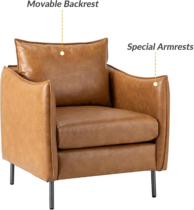 HULALA HOME Leather Armchair, Modern Faux Leather Accent Armchair Upholstered Living Room Chairs with Moveable Cushion for Living Room, Office, Reading, Customer Reception, Camel
