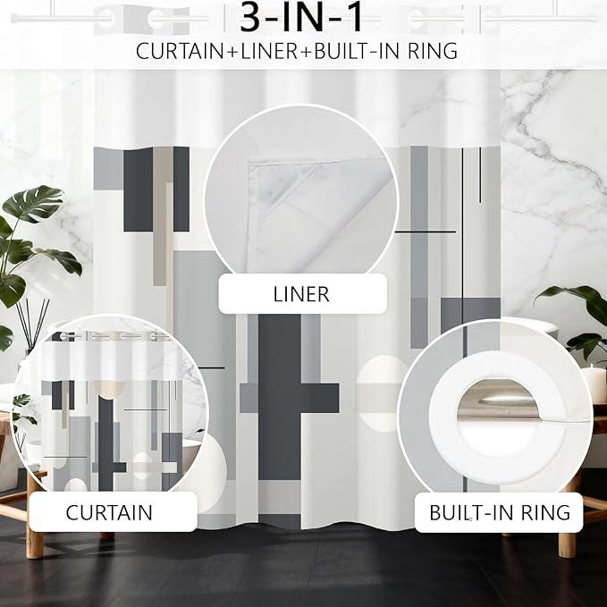No Hook Shower Curtain with Snap in Liner - Gray & Beige Modern Geometric Shower Curtain with See Through Top Window, Waterproof Cloth Fabric, 71x74 Inch